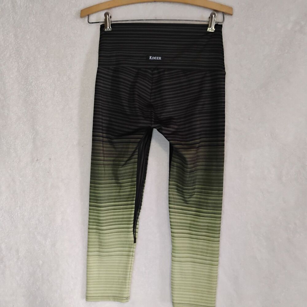 K-DEER Will Stripe Capri Leggings Large Micro Striped Olive Green High Waist Gym - Picture 7 of 16